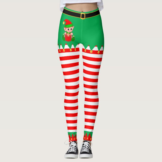 Cute Christmas Elf & Gold Jingle Bells Leggings (Front)