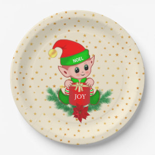 Cute Christmas Elf & Golden Stars on Light Beige Paper Plate