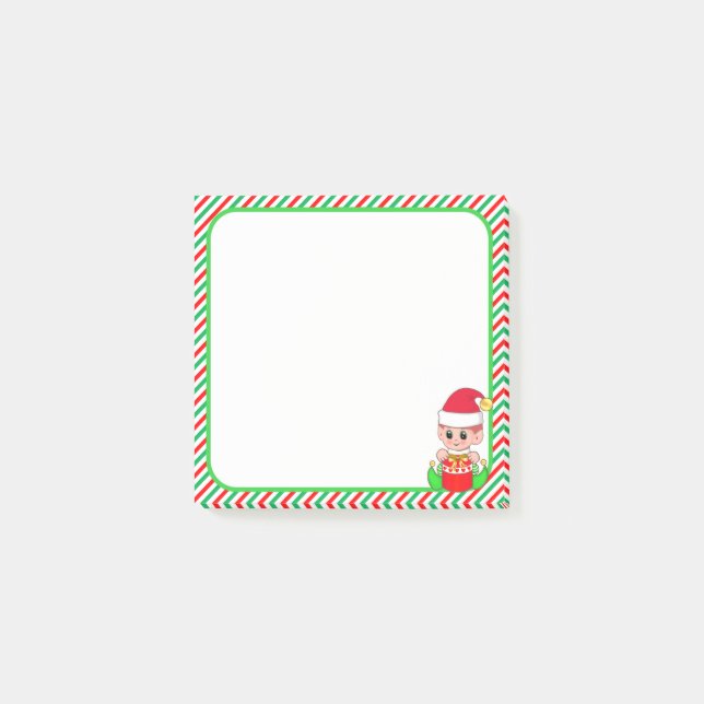 Cute Christmas Elf  & Green, Red & White Frame Post-it Notes (Front)