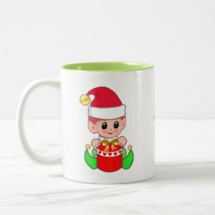 Cute Christmas Elf & Happy Time Calligraphy Two-Tone Coffee Mug