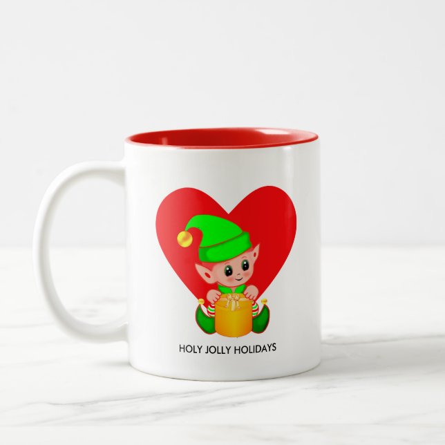 Cute Christmas Elf & Heart  Two-Tone Coffee Mug (Left)