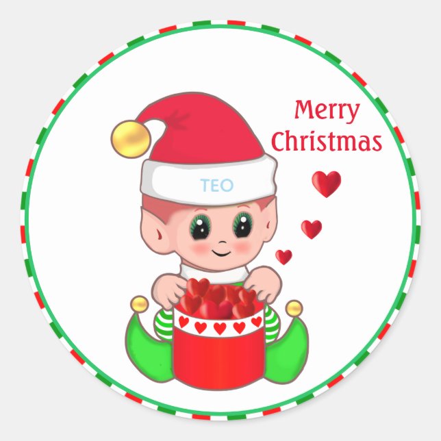 Cute Christmas Elf & Hearts Classic Round Sticker (Front)