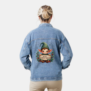 Cute Christmas Elf Holding Merry Sign Denim Jacket