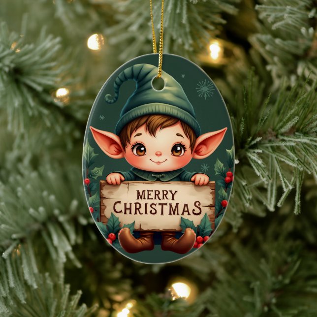 Cute Christmas Elf Holding Merry Sign Green Ceramic Ornament (Tree)