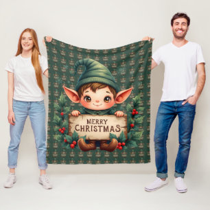 Cute Christmas Elf Holding Merry Sign Green Fleece Blanket