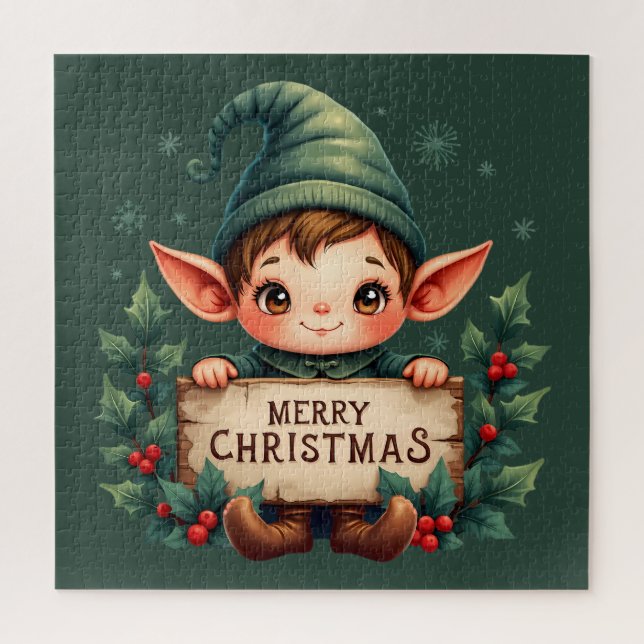 Cute Christmas Elf Holding Merry Sign Green Jigsaw Puzzle (Vertical)