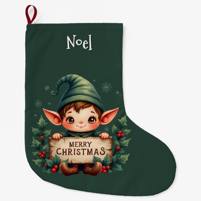 Cute Christmas Elf Holding Merry Sign Green Large Christmas Stocking (Front)