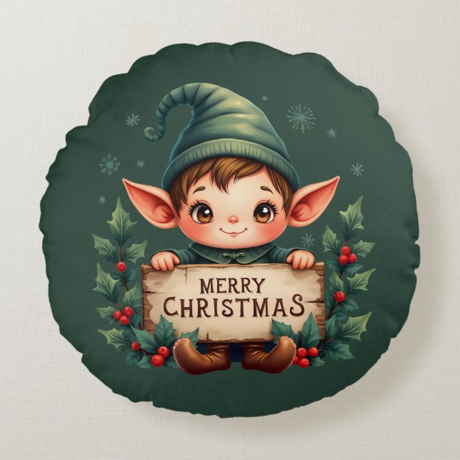 Cute Christmas Elf Holding Merry Sign Green Round Cushion (Front)