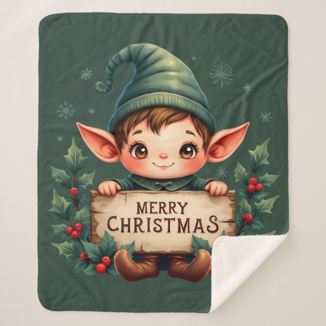 Cute Christmas Elf Holding Merry Sign Green Sherpa Blanket (Front)