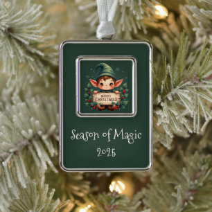 Cute Christmas Elf Holding Merry Sign Green Silver Plated Framed Ornament