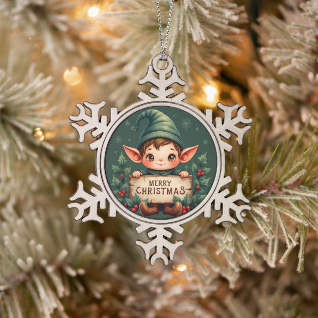 Cute Christmas Elf Holding Merry Sign Green Snowflake Pewter Christmas Ornament (Tree)