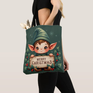 Cute Christmas Elf Holding Merry Sign Green Tote Bag