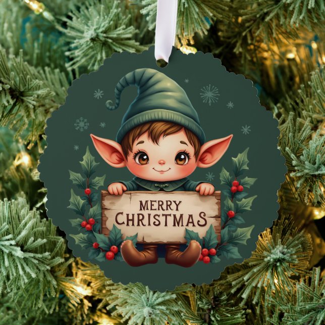 Cute Christmas Elf Holding Merry Sign Green Tree Decoration Card (Insitu (Tree))