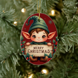 Cute Christmas Elf Holding Merry Sign Red Ceramic Ornament