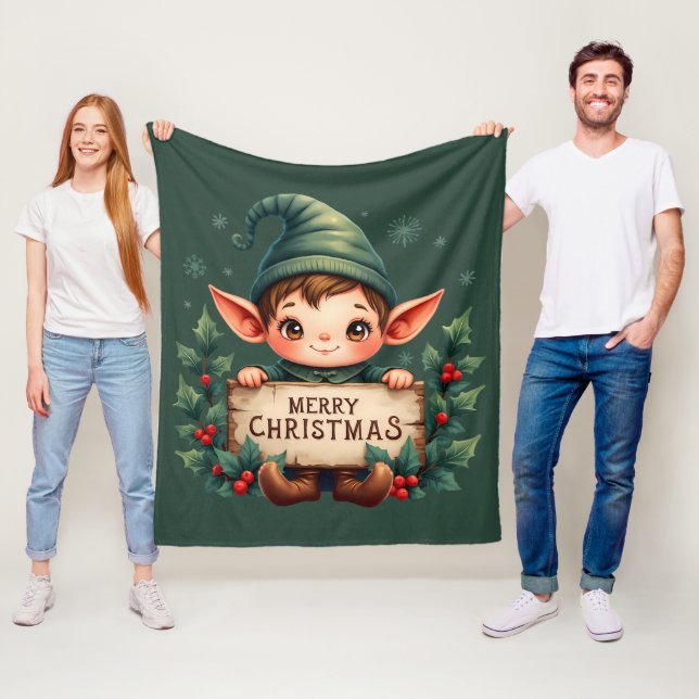 Cute Christmas Elf Holding Merry Sign Red Fleece Blanket (In Situ)