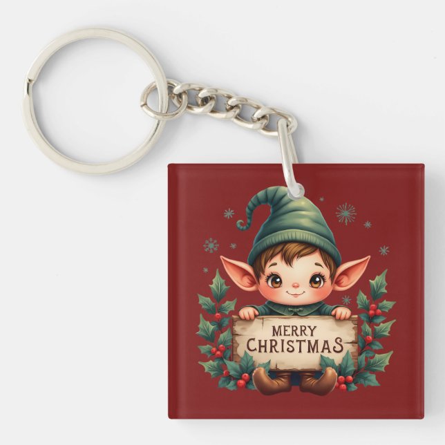 Cute Christmas Elf Holding Merry Sign Red Key Ring (Front)