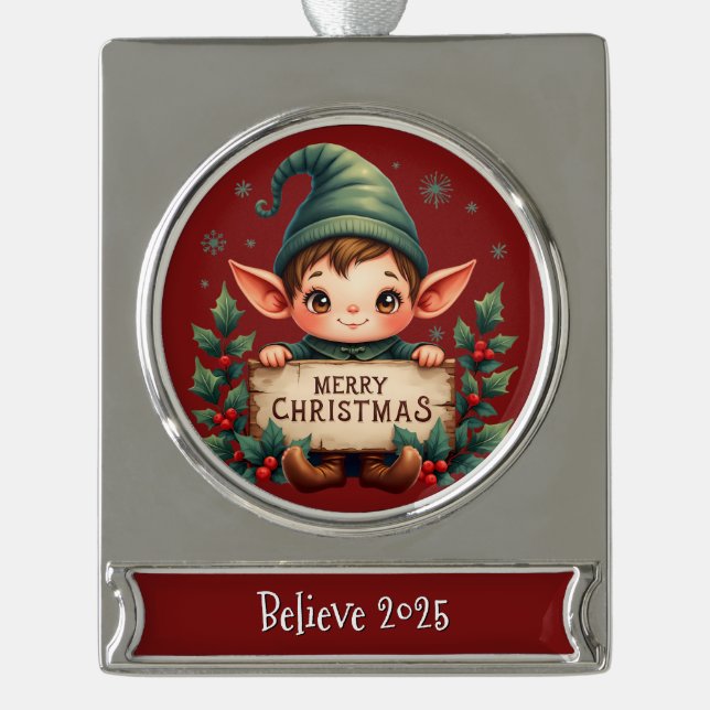 Cute Christmas Elf Holding Merry Sign Red Silver Plated Banner Ornament (Front)