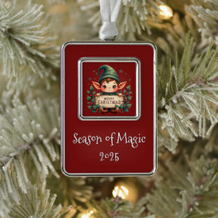 Cute Christmas Elf Holding Merry Sign Red Silver Plated Framed Ornament