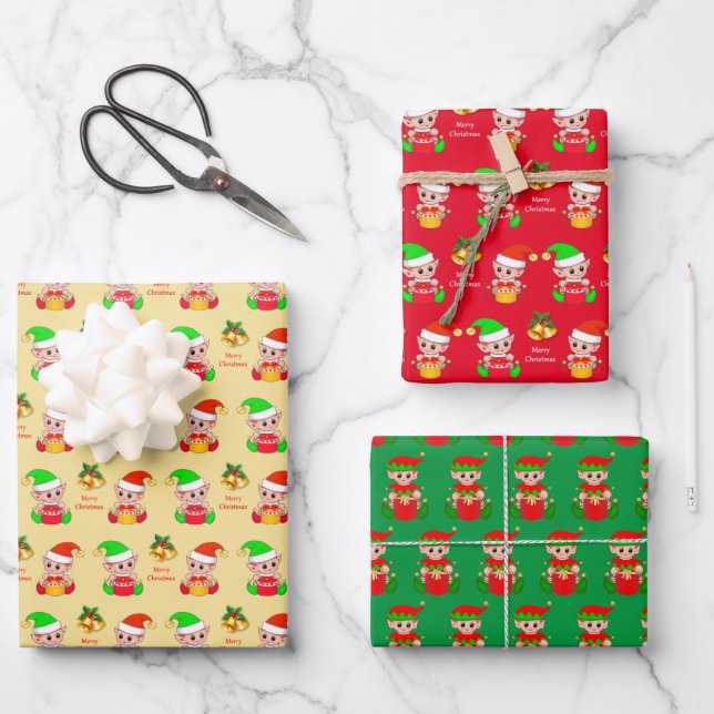 Cute Christmas Elf on Golden Beige, Green and Red Wrapping Paper Sheet (Front)