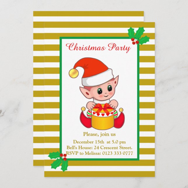 Cute Christmas Elf on Golden & White Invitation (Front/Back)