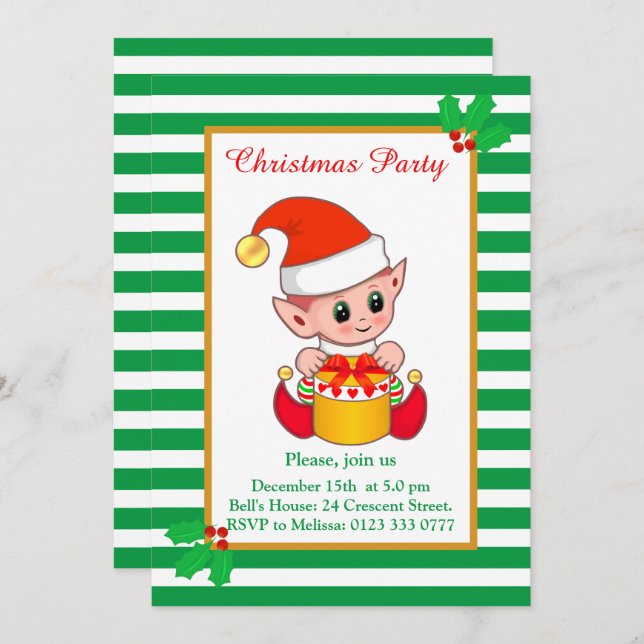 Cute Christmas Elf on Green White Party Invitation (Front/Back)
