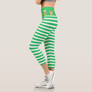 Cute Christmas elf on green & white striped Capri Leggings