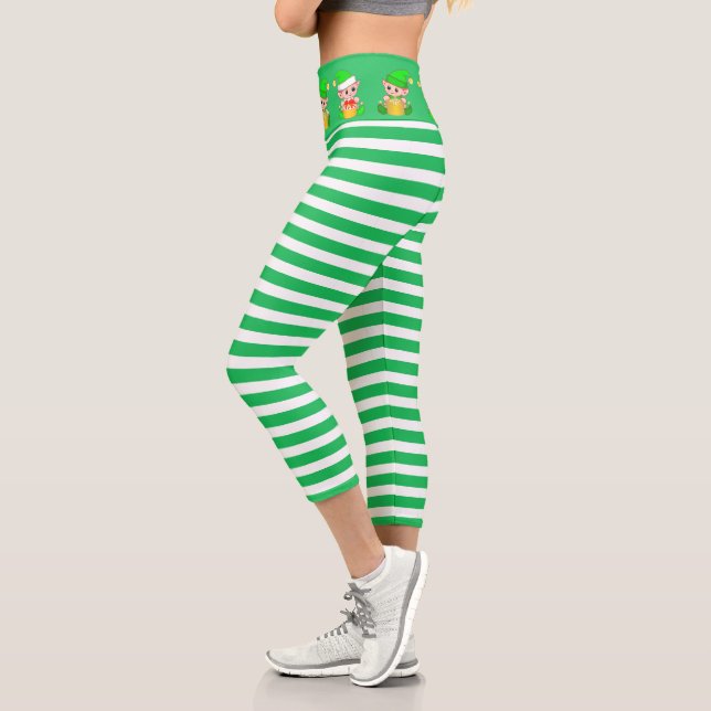 Cute Christmas elf on green & white striped Capri Leggings (Left)