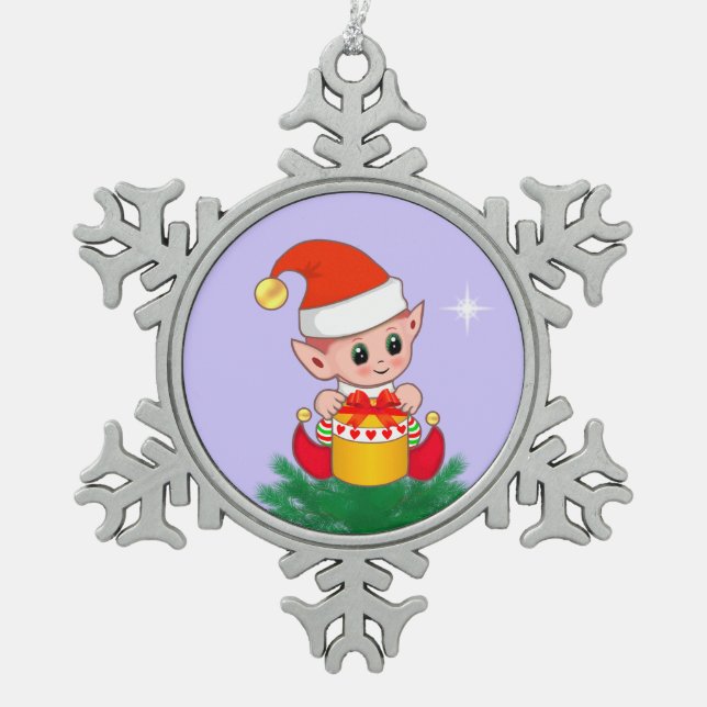 Cute Christmas Elf on periwinkle blue Snowflake Pewter Christmas Ornament (Front)
