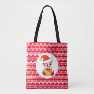 Cute Christmas elf on red & white Tote Bag
