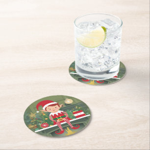 Cute Christmas Elf On Shelf Paper Coaster