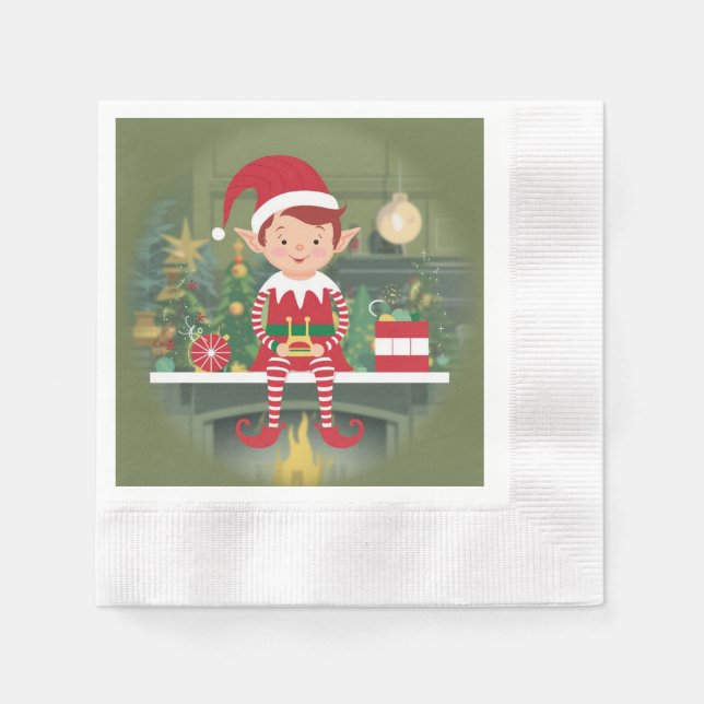 Cute Christmas Elf On Shelf Paper Napkin (Front)