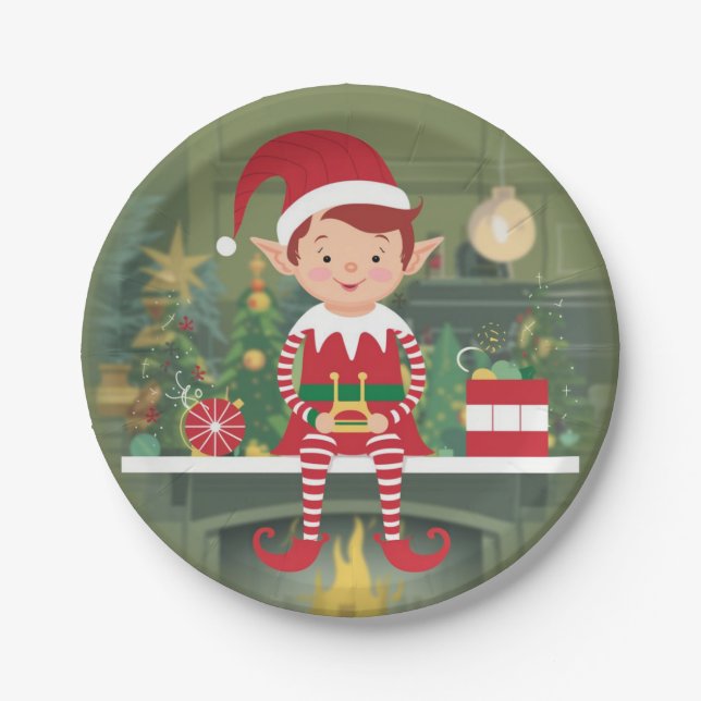 Cute Christmas Elf On Shelf Round Paper Plate (Front)