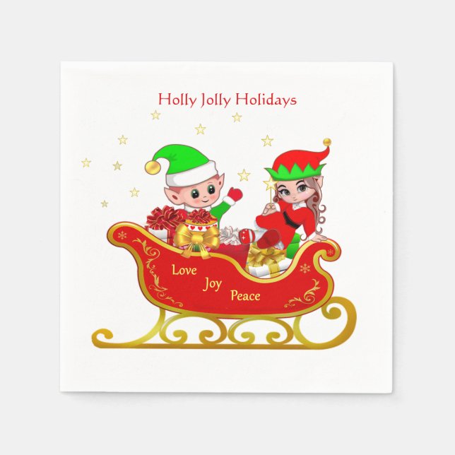 Cute Christmas Elf on Sleigh with Presents Napkin (Front)