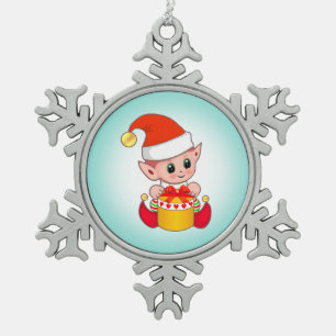 Cute Christmas Elf on Teal Blue Snowflake Pewter Christmas Ornament