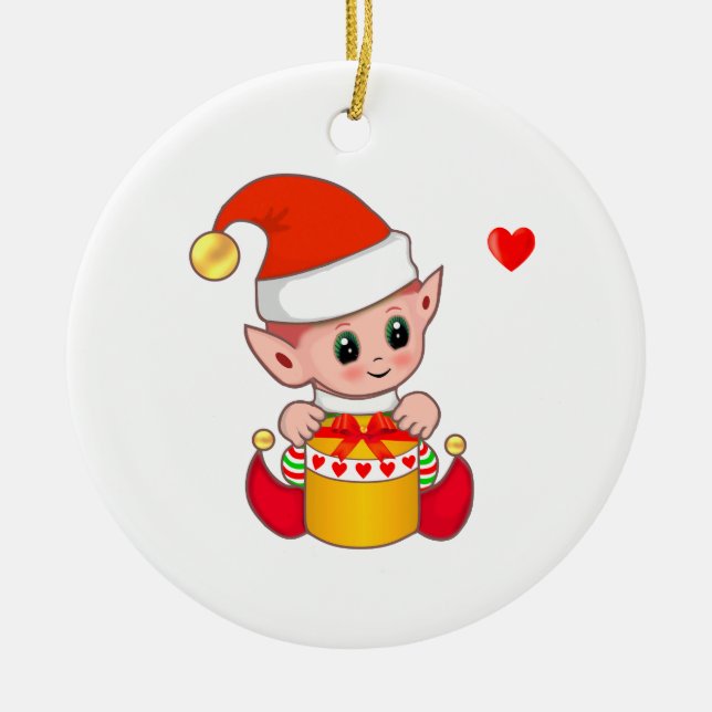 Cute Christmas Elf on White Ceramic Ornament (Front)