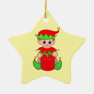 Cute Christmas Elf on Yellow Ceramic Ornament
