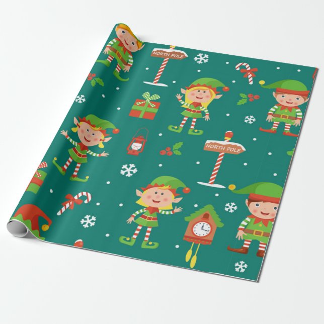 Cute Christmas Elf Pattern Wrapping Paper (Unrolled)