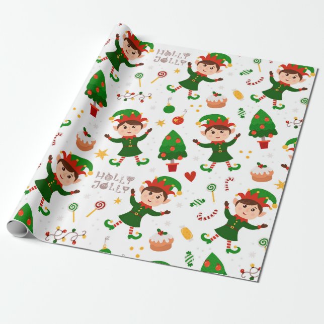Cute Christmas Elf Pattern Wrapping Paper (Unrolled)