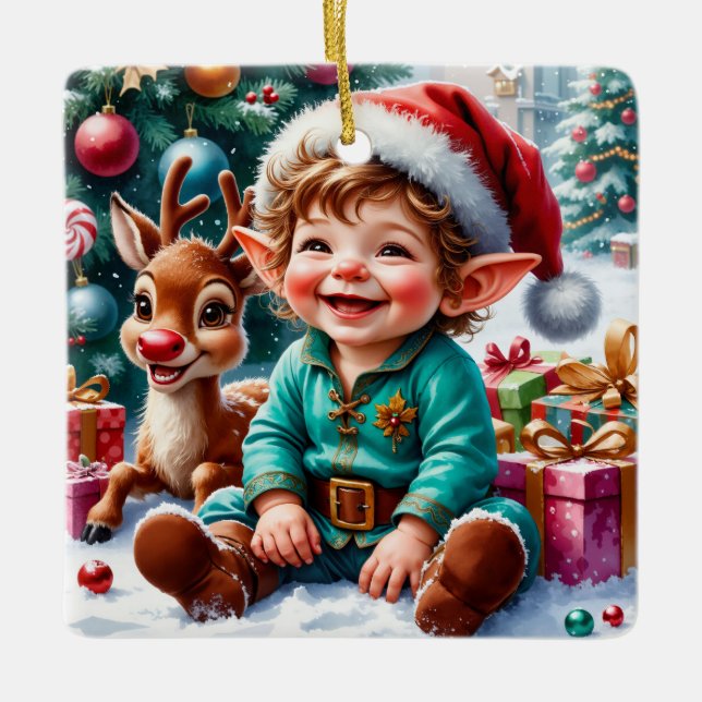 Cute Christmas Elf & Reindeer  Ceramic Ornament (Front)