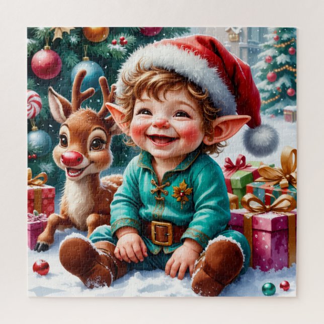Cute Christmas Elf & Reindeer Jigsaw Puzzle (Vertical)