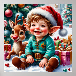 Cute Christmas Elf & Reindeer Poster