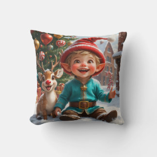 Cute Christmas Elf & Reindeer Throw Pillow