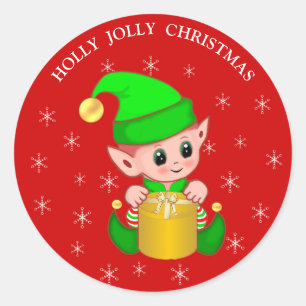 Cute Christmas elf & snowflakes on red Classic Round Sticker