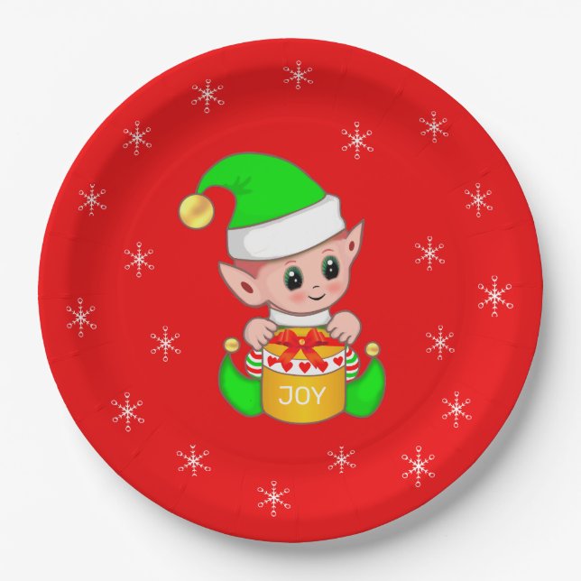 Cute Christmas Elf & Snowflakes on Red Paper Plate (Front)