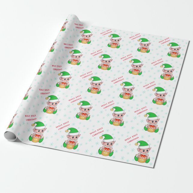 Cute Christmas Elf & Snowflakes Wrapping Paper (Unrolled)