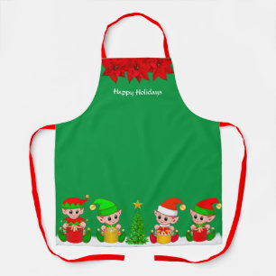 Cute Christmas Elf Squad & Poinsettias on Green Apron