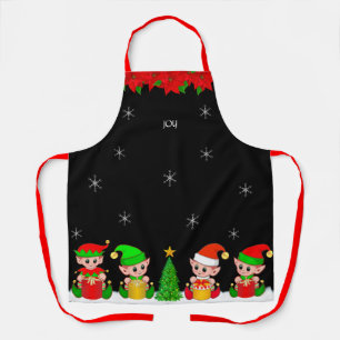 Cute Christmas Elf Squad & Snowflakes on Black Apr Apron