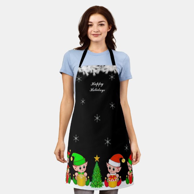 Cute Christmas Elf Squad & Snowflakes on Black Apron (Worn)