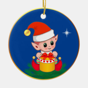 Cute Christmas elf & star on blue Ceramic Ornament