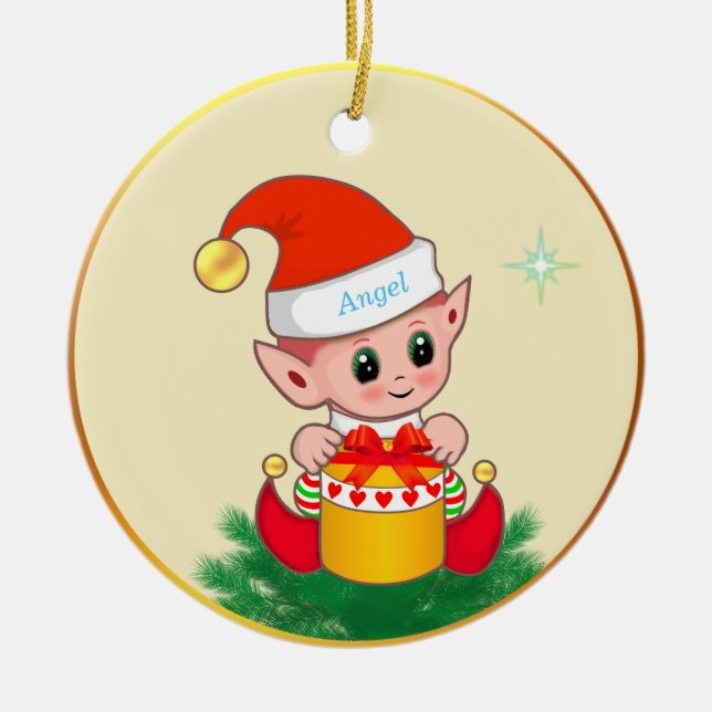 Cute Christmas elf & star on ivory Ceramic Ornament (Front)